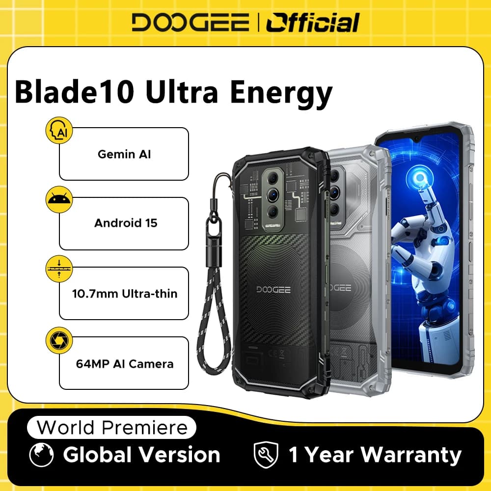 الإصدار العالمي DOOGEE Blade10 هاتف قوي فائق الطاقة Gemini AI بسماكة 10.7 ملم وبطارية 6150 مللي أمبير في الساعة ونظام أندرويد 15 وهاتف ذكي مزود بتقنية NFC