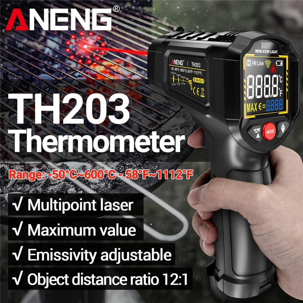 مقياس حرارة الأشعة تحت الحمراء الرقمي من أنينج TH203 -50~600℃ مقياس حرارة غير تلامسي جهاز اختبار مقياس رطوبة أداة صناعية - 2