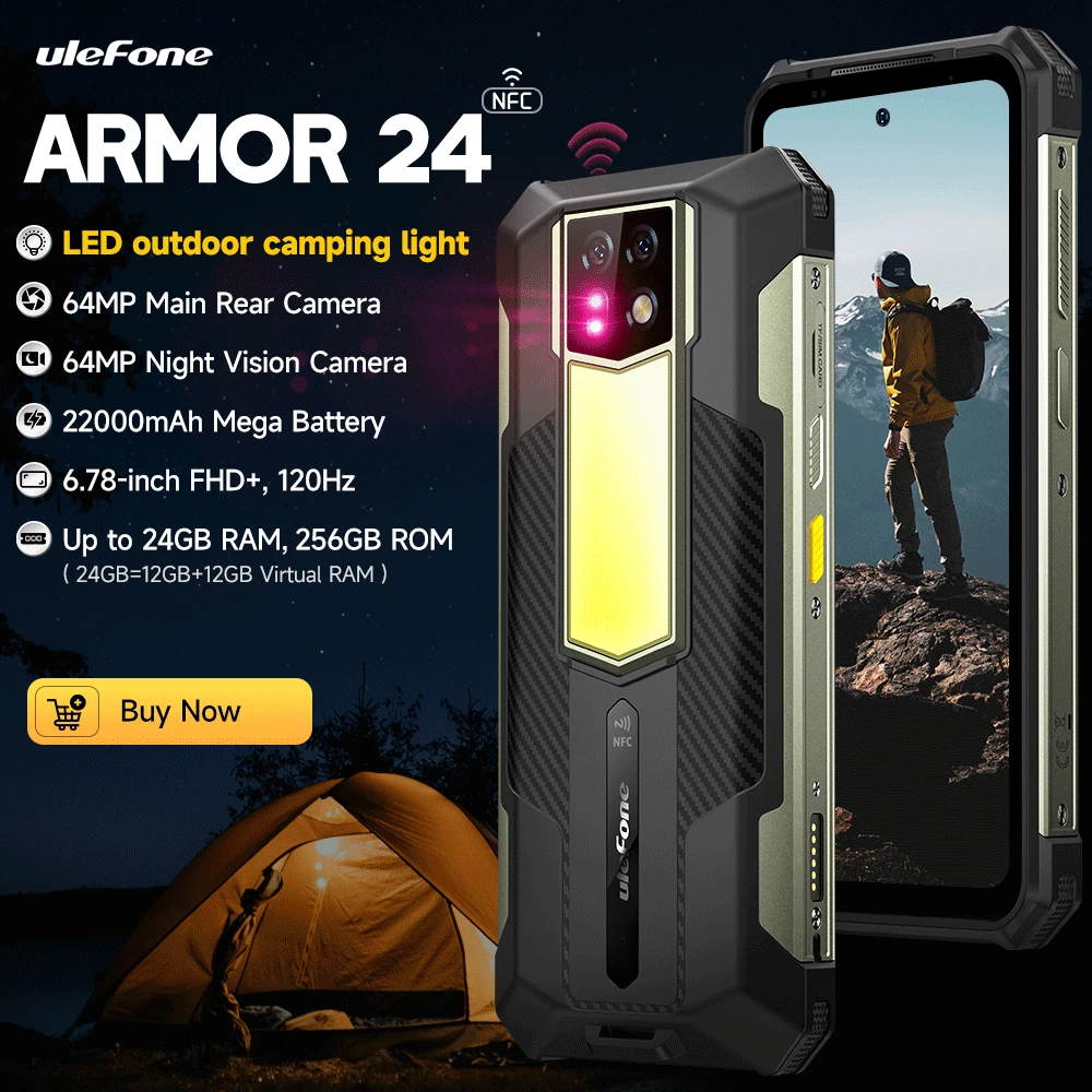 Ulefone Armor 24 22000mAh Battery,Rugged IP68/IP69K，Android 14,Up to 24GB RAM,256GB ROM ,64MP Night Camera , 6.78"