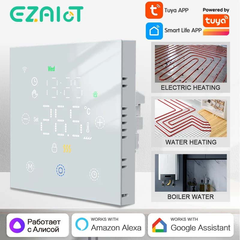 ترموستات ذكي تویا واي فاي لتدفئة الأرضيات المائية/الكهربائية ومراجل الغاز تحكم عن بعد في درجة الحرارة أليكسا جوجل ياندكس صوتي
