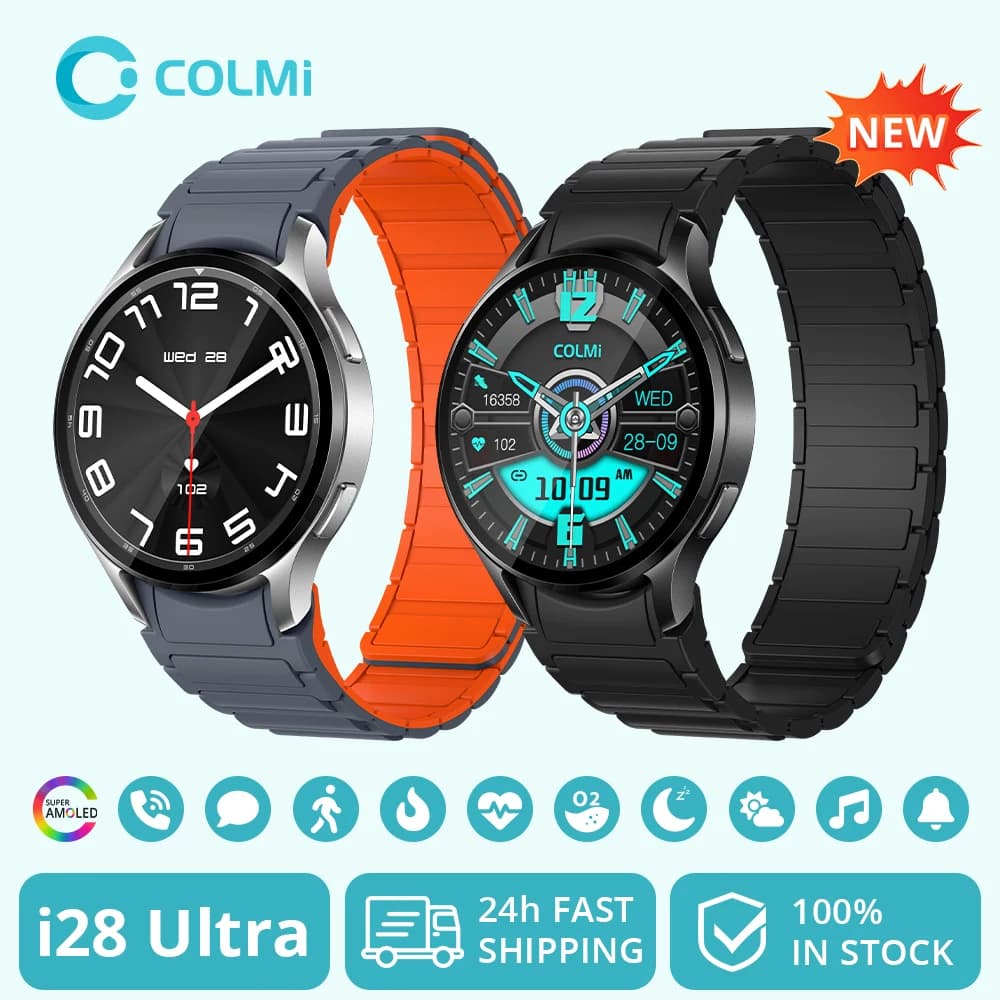 ساعة COLMI i28 الذكية فائقة الدقة بشاشة AMOLED، مزودة بتقنية الذكاء الاصطناعي Da-GPT، مع ميزة أوقات الصلاة للمسلمين، ومكالمات البلوتوث، مناسبة للرجال والنساء