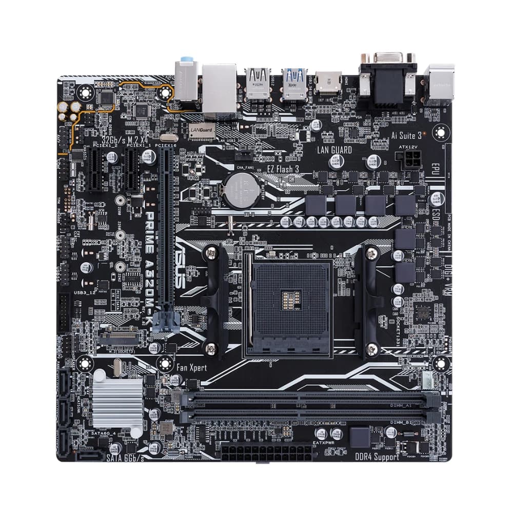 لوحة أم ASUS PRIME A320M-K تدعم معالجات AMD AM4 مثل R5 5600 و 3500X و R7 5700X و 1800X و R3 3200G و R9 5950X مع 4 منافذ DDR4 بسعة 128 جيجابايت ومنافذ HDMI و DVI بحجم mATX - 3