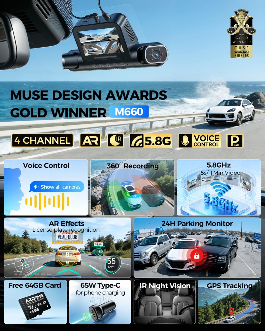 كاميرا لوحة القيادة AZDOME M660 بدقة 2.5K+3*1080P مع 4 قنوات وGPS وواي فاي 5G مدمج وذاكرة 128 جيجابايت وتحكم صوتي ومراقبة على مدار 24 ساعة ورؤية ليلية فائقة - 3