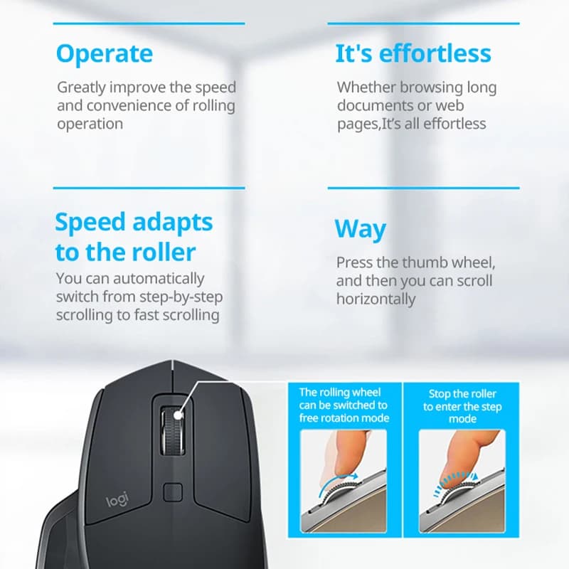 ماوس Logitech MX Master 2S لاسلكي، 4000 DPI، اتصال ثنائي الوضع، تصميم مريح، بطارية طويلة الأمد، للاستخدام المكتبي - 4
