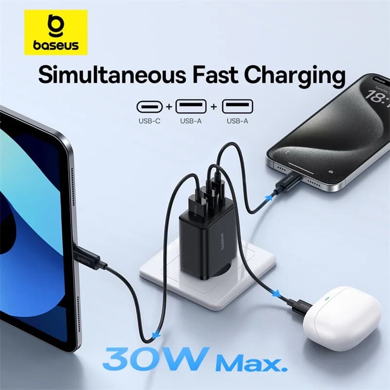 شاحن يو اس بي من بايسوس بقوة 30 واط QC3.0 PD3.0 Type C PD شحن سريع 3 منافذ شاحن هاتف سريع لهواتف آيفون 15 14 13Pro ماكس وشاومي وسامسونج - 2