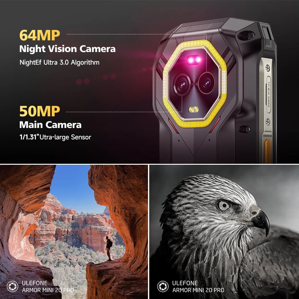 هاتف Ulefone Armor Mini 20 4G بشاشة 4.7 بوصة متين بكاميرا ليلية 64 ميجابكسل ونظام أندرويد 14 وبطارية 6200 مللي أمبير في الساعة وذاكرة 16 جيجابايت + 256 جيجابايت وشحن سريع 33 واط G99 - 5