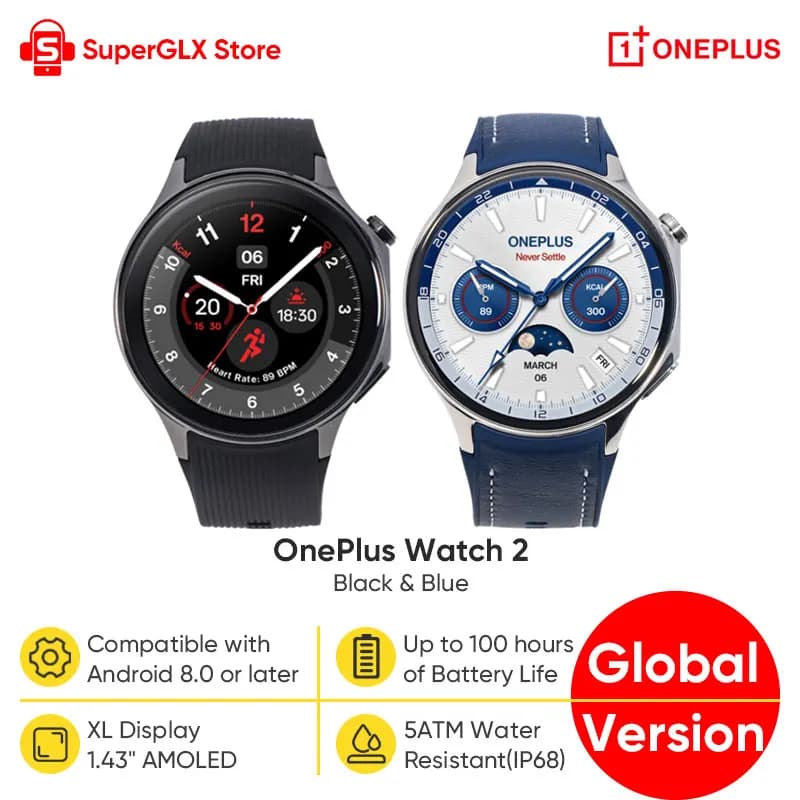 ساعة OnePlus Watch 2 الذكية، الإصدار العالمي، 2 جيجابايت رام، 32 جيجابايت روم، شاشة AMOLED 1.43 بوصة، نظام Google Wear OS 4، GPS مزدوج التردد، NFC