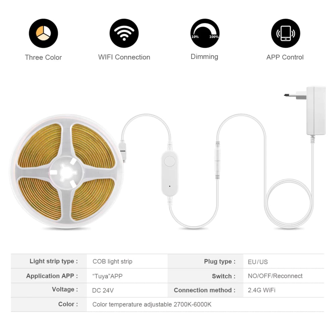 مفتاح Tuya الذكي بتقنية WiFi، شريط إضاءة LED COB CCT، 3M/5M، محول طاقة 24V، قابس EU/US، مصباح قابل للتعتيم، شريط LED للزينة - 2