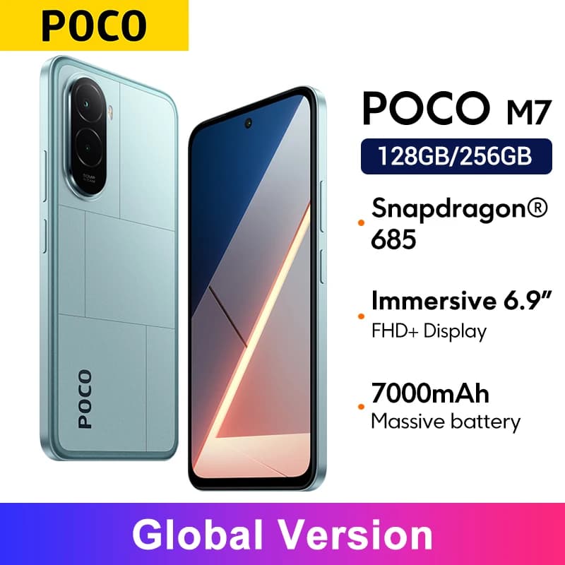 هاتف ذكي POCO M7 إصدار عالمي، معالج Snapdragon® 685، شاشة 6.9 بوصة بمعدل تحديث 144Hz FHD+ DotDisplay، بطارية 7000mAh، شحن سريع 33W، NFC، كاميرا 50MP