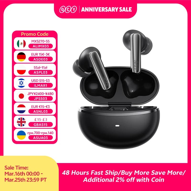 سماعات أذن لاسلكية QCY MeloBuds N70، إلغاء الضوضاء التكيفي، بلوتوث 6.0، صوت عالي الدقة LDAC، 6 ميكروفونات، شحن لاسلكي، عمر بطارية 50 ساعة، مقاومة للماء IPX5