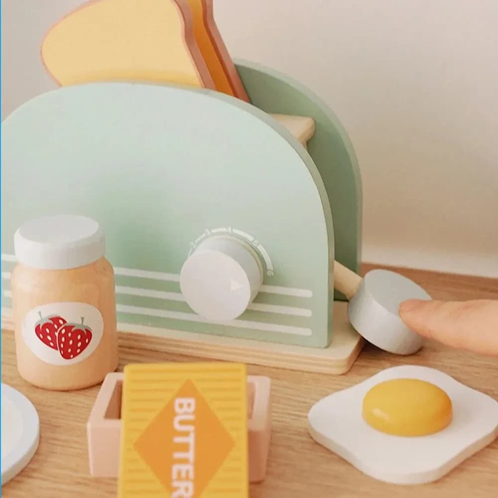 Wooden Toaster Toy Kids Bread Machine Kit Pretend Play Kitchen Toys Set Breakfast Educational Toys Gifts for Girls Boys - 3