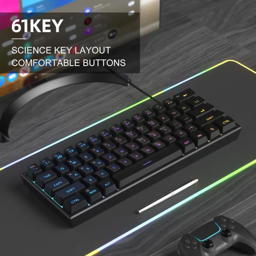 لوحة مفاتيح ألعاب ميني جديدة 2026، 60% تخطيط، 61 مفتاح، إضاءة RGB خلفية، مريحة، مقاومة للماء، بإحساس ميكانيكي، مناسبة للمكتب