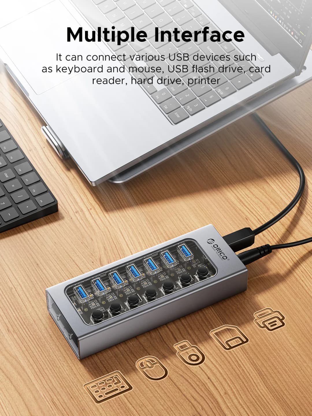 ORICO USB3.0 Hub Aluminum Industrial 7-Port Splitter Split Switch with 12v Power Adapter for Macbook Mobile Phone Tablets - 3