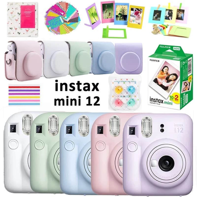 كاميرا Fujifilm Instax Mini12 الأصلية + 20 ورقة فيلم Instax Mini + ألبوم + حقيبة + مجموعة 10 في 1 هدايا رأس السنة للفتيات