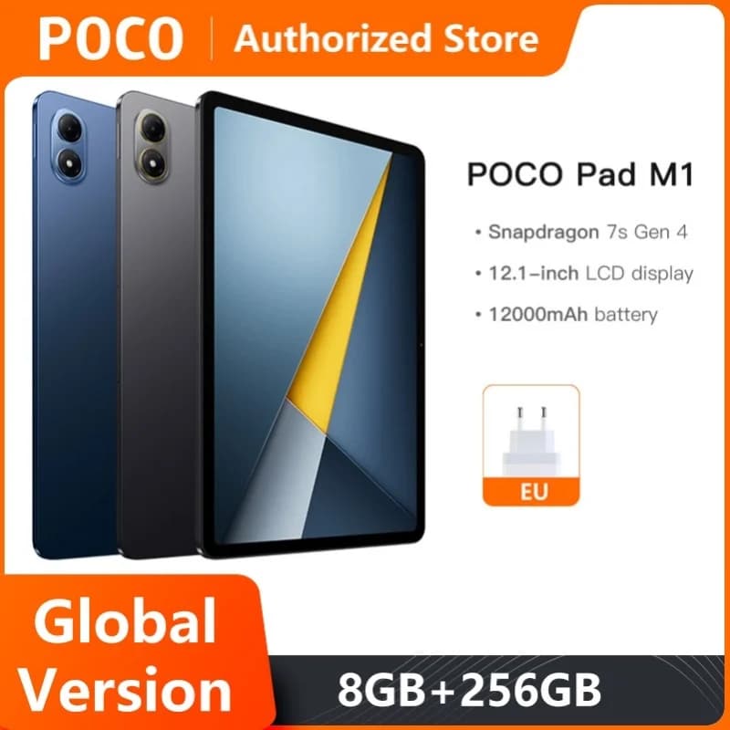 أجهزة لوحية POCO Pad M1 إصدار عالمي معالج Snapdragon 7s Gen 4 كاميرا 8 ميجابكسل شاشة 12.1 بوصة 2.5K فائقة الوضوح بمعدل تحديث 120 هرتز شحن سريع 33 واط
