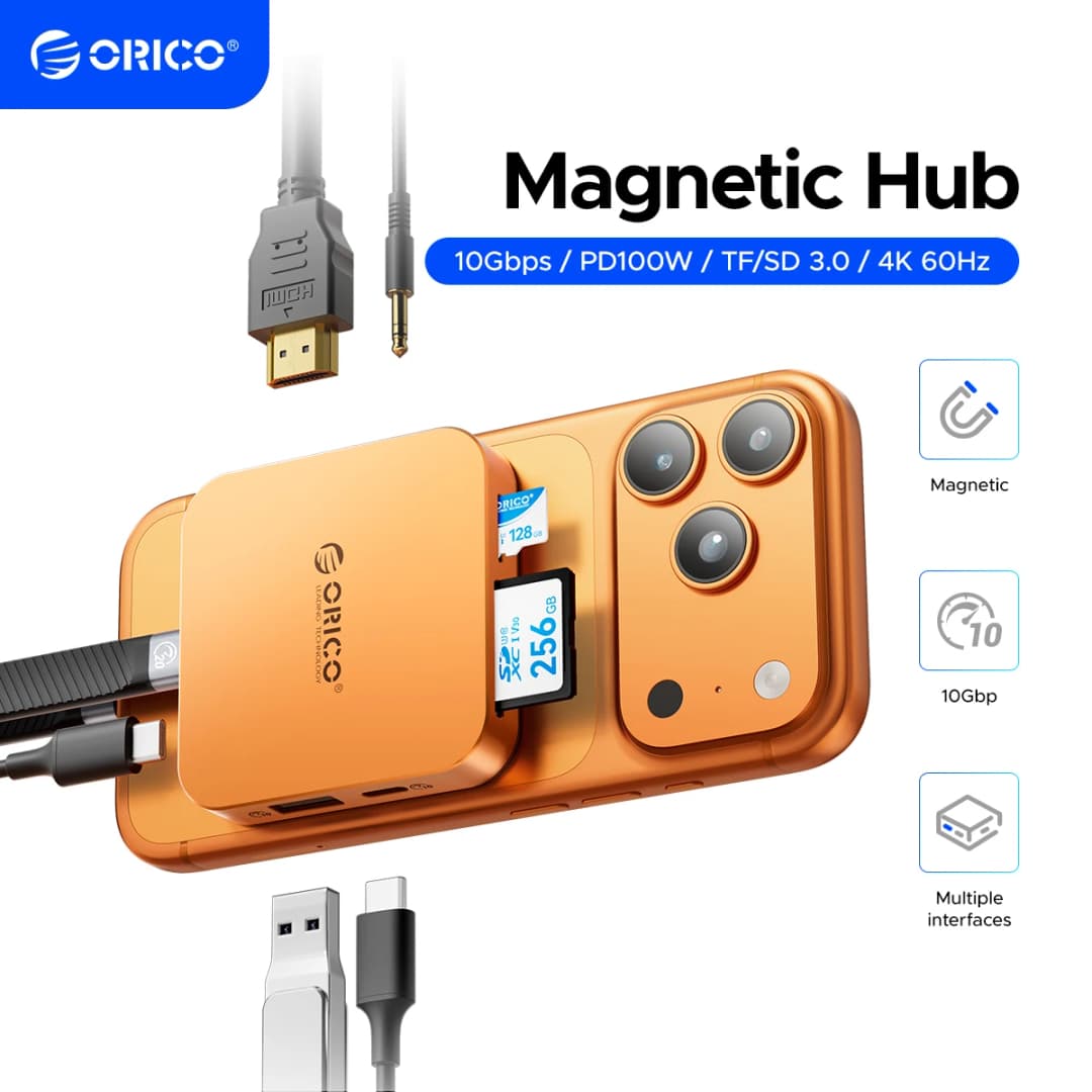 حاوية ORICO مغناطيسية لـ M.2 2230 NVMe SSD بسرعة 10 جيجابت/ثانية مع محطة إرساء USB C ودعم 4K60HZ HDMI-COM وشحن SD/TF PD 100 واط لهاتف iPhone 17