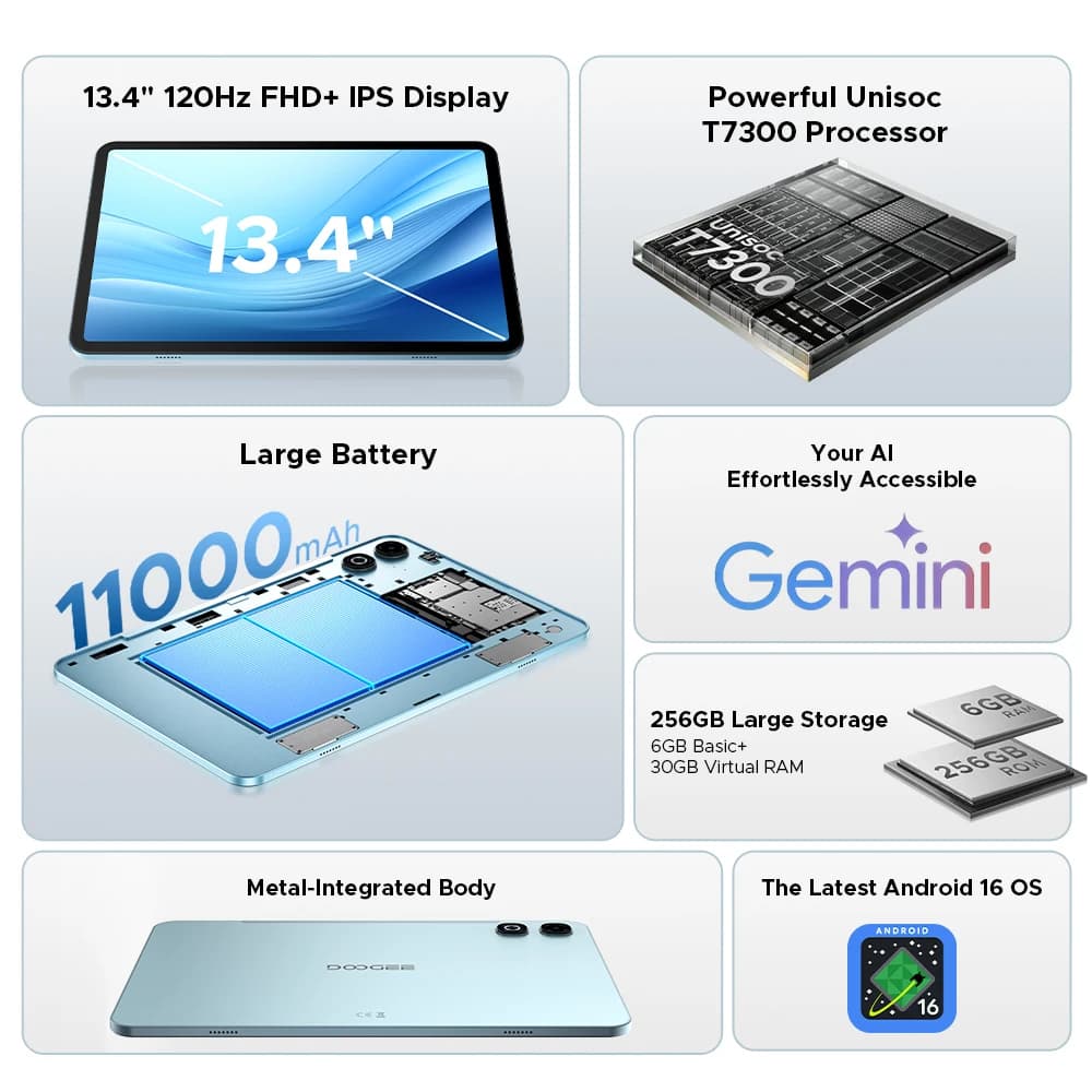 جهاز لوحي DOOGEE U13 Pro بنظام أندرويد 16 وذكاء اصطناعي Gemini AI وشاشة 13 بوصة FHD+ ومعالج UNISOC T7300 وسعة تخزين 32 جيجابايت و256 جيجابايت وبطارية 11000 مللي أمبير - 2
