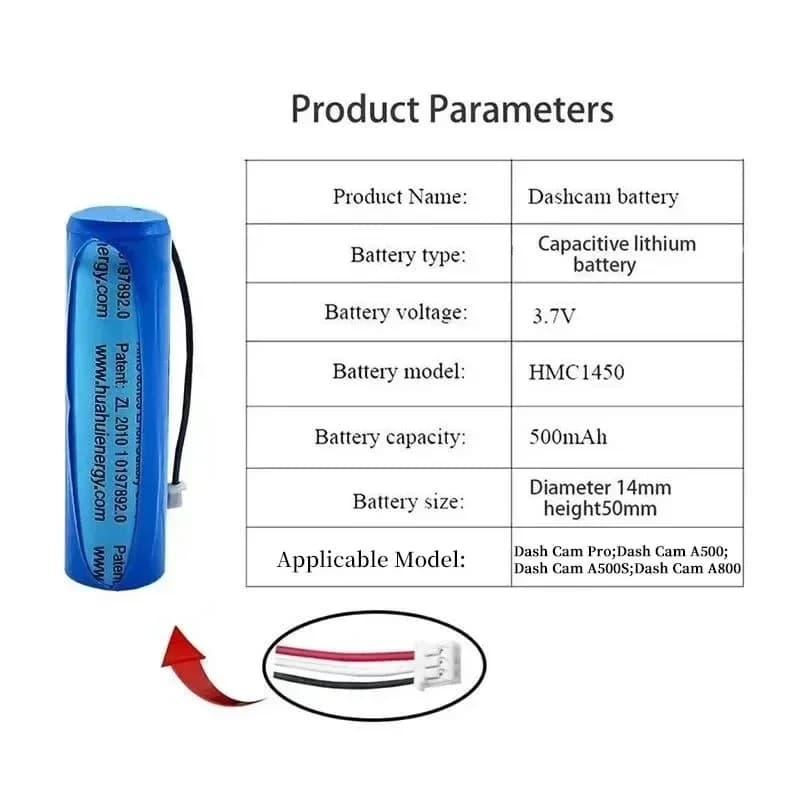 بطارية PURFIELD الأصلية HMC1450 70mai، بطارية ليثيوم 3.7V 500mAh، إكسسوارات استبدال مسجل فيديو كاميرا السيارة Dash Cam Pro - 6