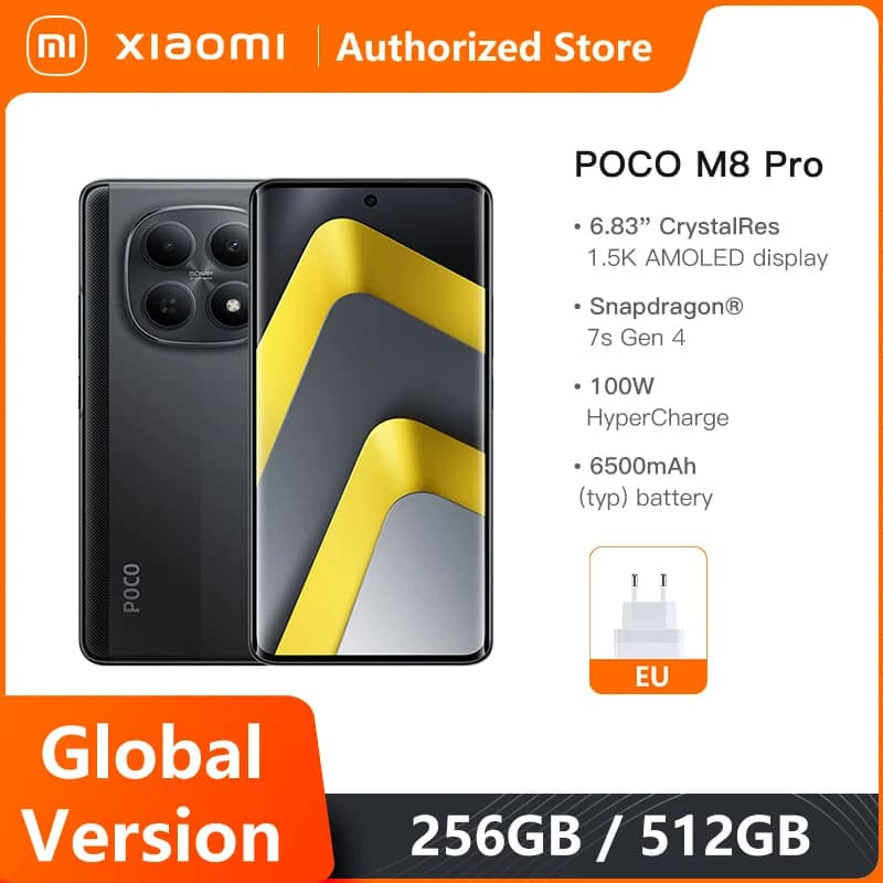 هاتف محمول Xiaomi POCO M8 Pro 5G الإصدار العالمي بمعالج Snapdragon 7s Gen 4 وشاشة 6.83 بوصة بدقة 1.5K ومعدل تحديث 120 هرتز وبطارية 6500 مللي أمبير وشحن سريع 100 واط وNFC