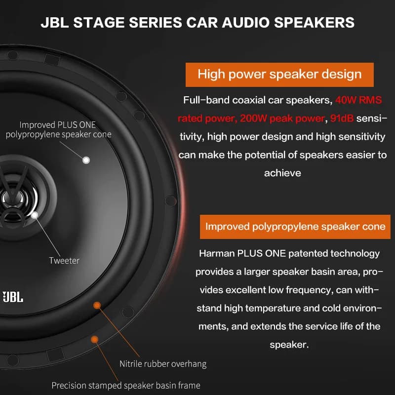 سماعة سيارة JBL مقاس 6 بوصات و6.5 بوصة، سماعة محورية 200 واط، سماعة نطاق كامل، سماعة هاي فاي، سماعة تريبل وميد رينج، سماعة صبووفر للسيارة - 2