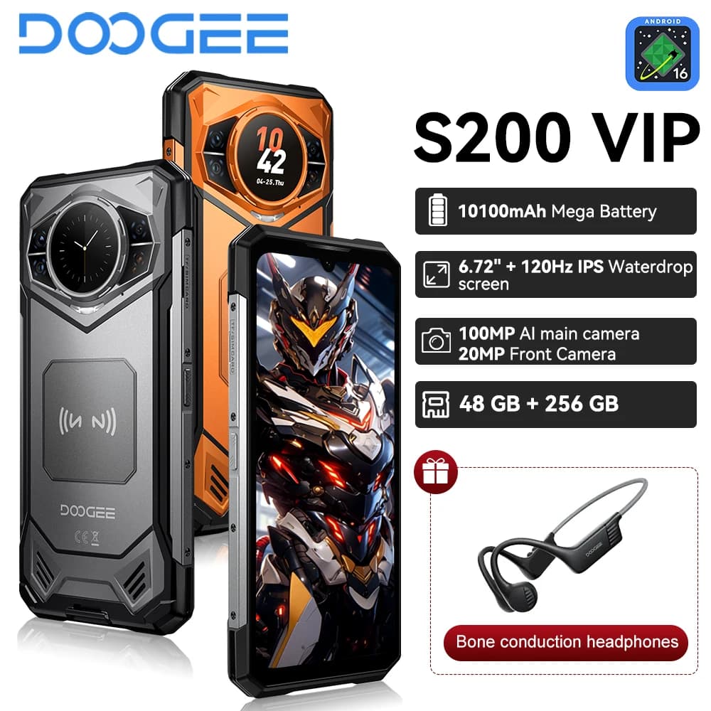 هاتف دوغي S200 إصدار VIP متين بشاشة 6.72 بوصة بمعدل تحديث 120Hz، ذاكرة 48GB+256GB، بطارية 10100mAh، كاميرا 100MP، هاتف ذكي 5G بنظام أندرويد 16