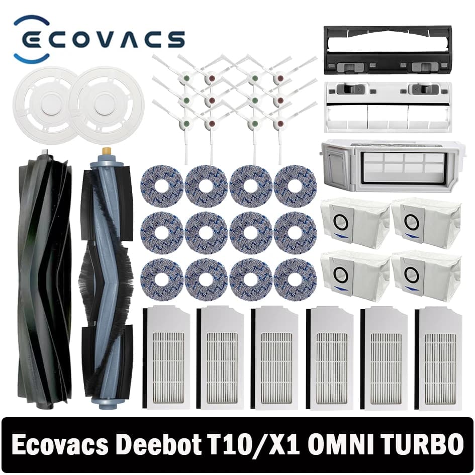 قطع غيار مكنسة روبوت Ecovacs Deebot X1 OMNI / T10 OMNI فرشاة مطاطية / جانبية، غطاء، فلتر Hepa، ممسحة قماش، كيس غبار