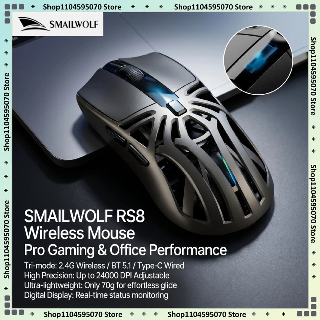 ماوس ألعاب لاسلكي SMILWOLF RS8 بثلاثة أوضاع، بلوتوث 5.1، 2.4G سلكي، 24000 DPI، 6 أزرار، 70 جرام، 1000Hz، إضاءة RGB للاعبي الكمبيوتر