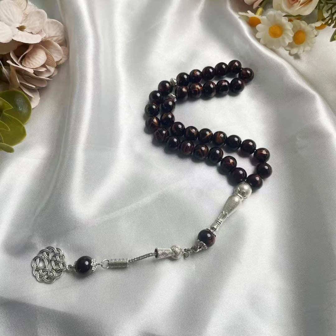 Green Veined Stone Islamic Prayer Beads Tesbih, Silver Celtic Knot Arabic Muslim Worship Rosary, Middle Eastern Jewelry Gift - 5