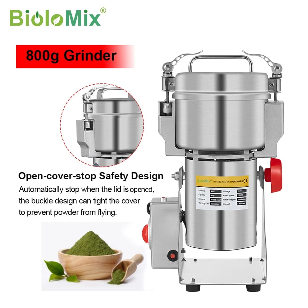 مطحنة حبوب وتوابل وأعشاب ورقائق وقهوة وطعام جاف من BioloMix، 800g/700g، آلة طحن، مطحنة دقيق، مسحوق