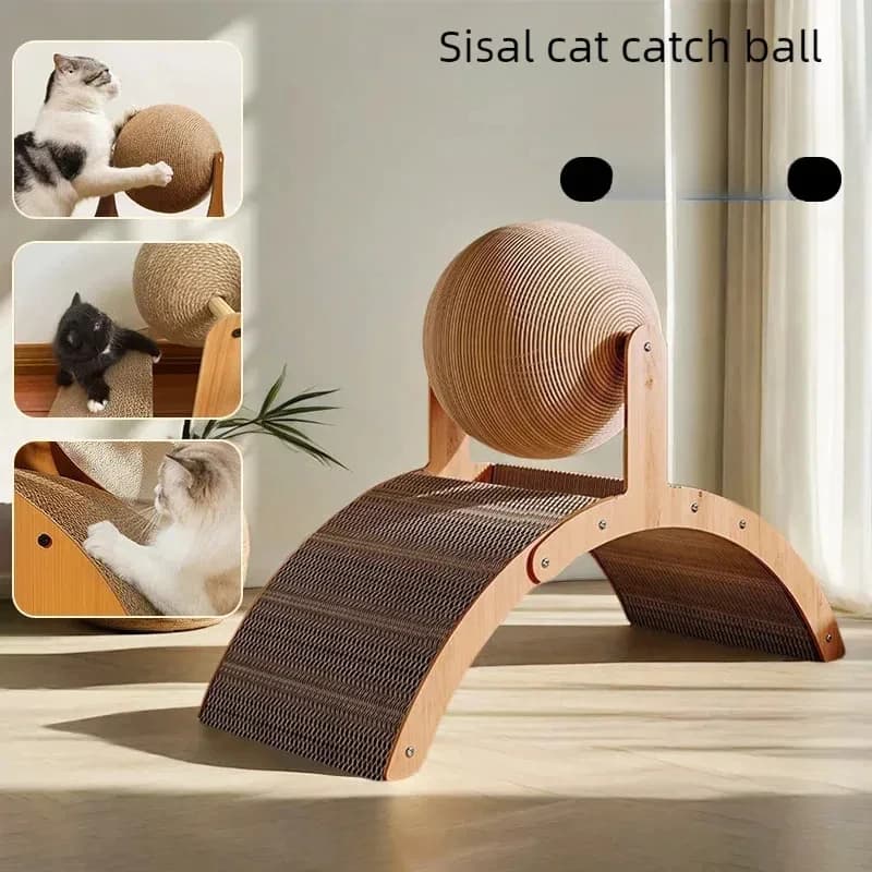 كرة خدش قطط خشبية 2 في 1، لوح خدش من السيزال الطبيعي، عمود خدش، مقاوم للاهتراء مع مخلب خشبي - 4