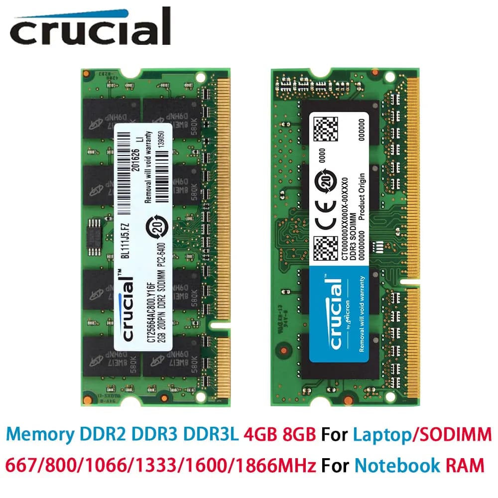 ذاكرة رام لابتوب كروشيال هايبرX DDR2 DDR3 DDR3L بسعات 8GB و4GB و2GB بسرعات 667 و800 و1066 و1333 و1600 و1866MHz PC2-5300 PC3-12800 SODIMM