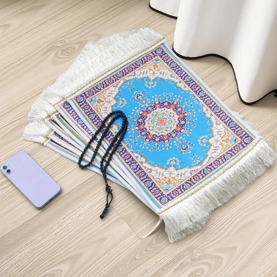 2pcs Set Small Portable Prayer Rug  With Muslim Prayer Beads  30cm x 40cm Ice Silk Pad Buckle Mat Muslim Islam Embroidery Carpet - 5