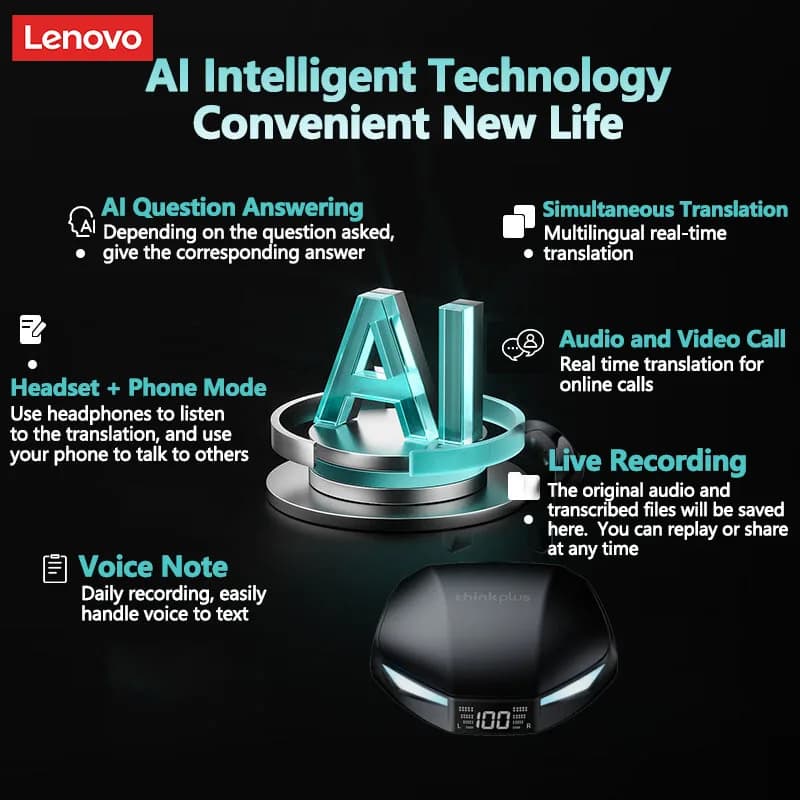 Lenovo XT53 AI Translation Earbuds Wireless Bluetooth 5.4 HD Voice Calls Noise Reduction Earphones Real-time Translation Headset - 3