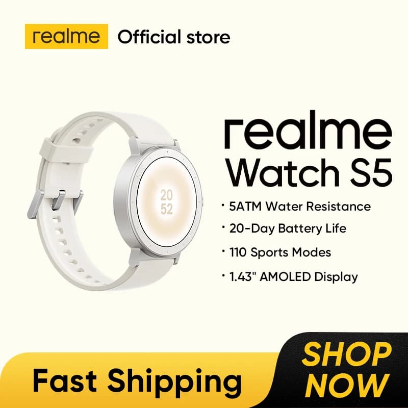 ساعة ذكية realme Watch S5 باللون الأبيض/الرمادي، شاشة AMOLED مقاس 1.43 بوصة، بلوتوث 5.4، بطارية تدوم حتى 20 يومًا