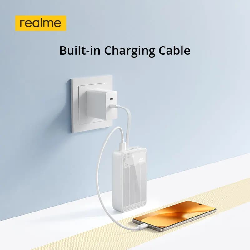بنك طاقة realme TechLife بقدرة 20000 مللي أمبير، شحن سلكي 45 واط، كابل شحن مدمج، 3 منافذ إخراج - 5