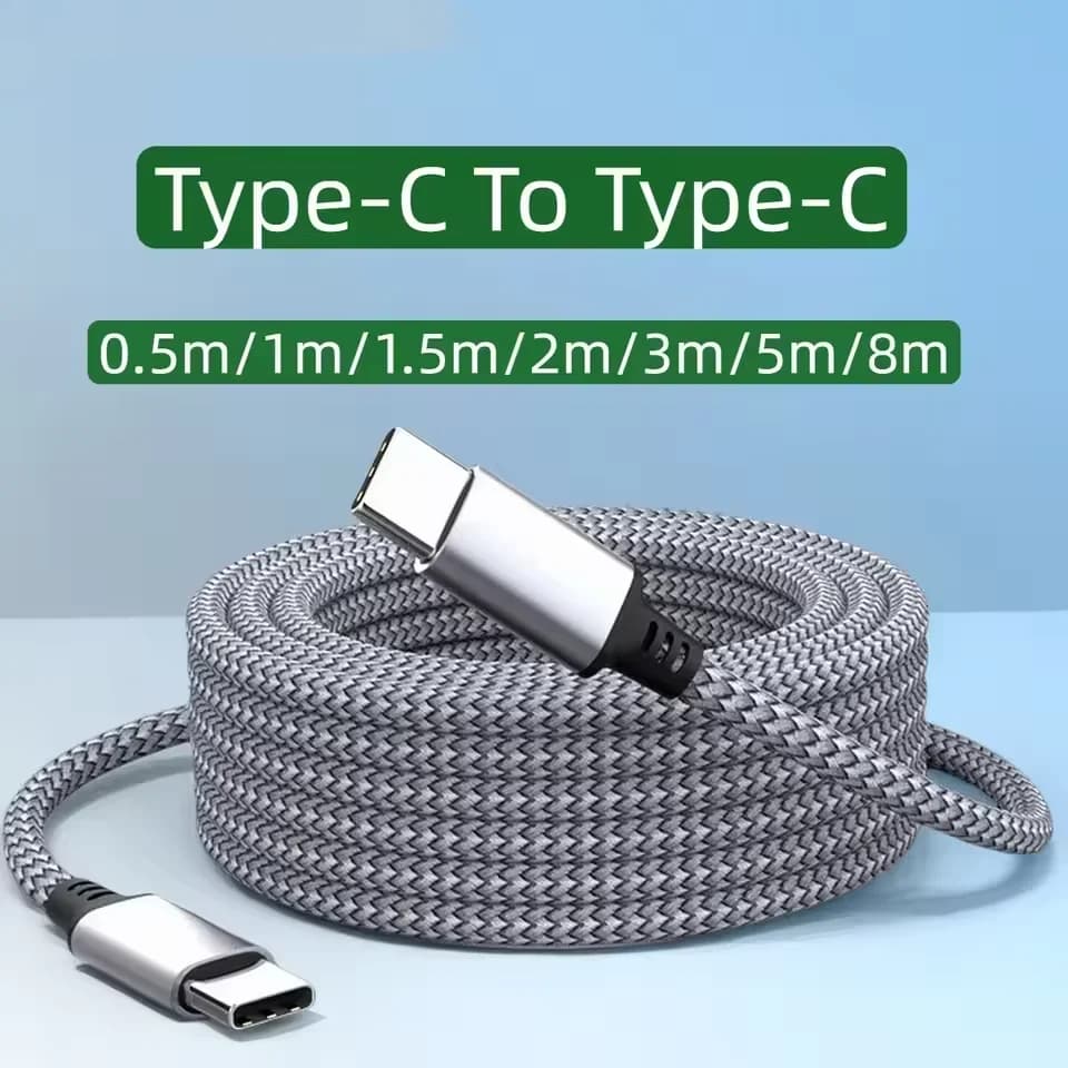 كابل شحن سريع 60 واط PD من USB-C إلى USB-C، كورد بيانات نايلون مضفر نوع-C بطول 1م/2م/3م/5م/8م لهواتف آيفون وسامسونج وشاومي وماك بوك