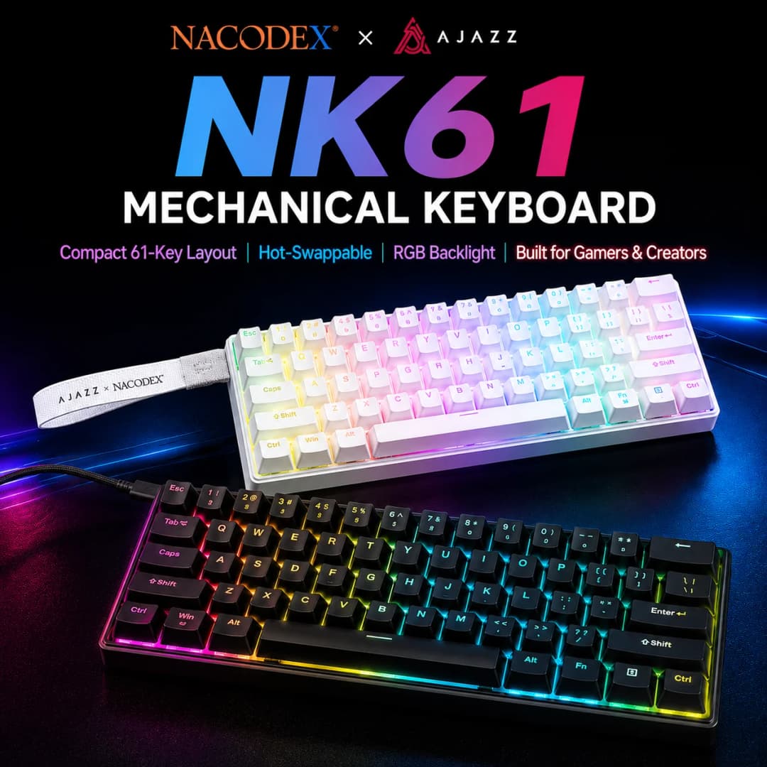 لوحة مفاتيح ميكانيكية سلكية للألعاب AJAZZ NK61 60% RGB قابلة للتبديل السريع 61 مفتاحًا لوحة مفاتيح صغيرة بمفتاح أحمر لألعاب الكمبيوتر