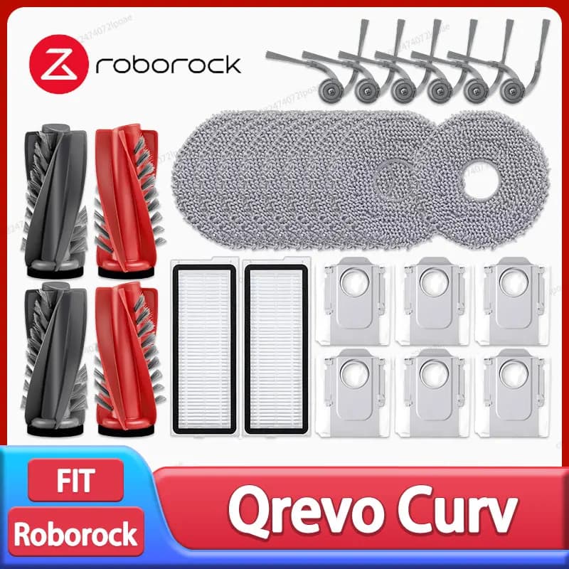 إكسسوارات مكنسة روبوروك Qrevo Curv / 5AE / 5A1 / 5XC / S5X / Qrevo C Pro تشمل فرشاة جانبية رئيسية وقماش مسح وكيس غبار وفلتر