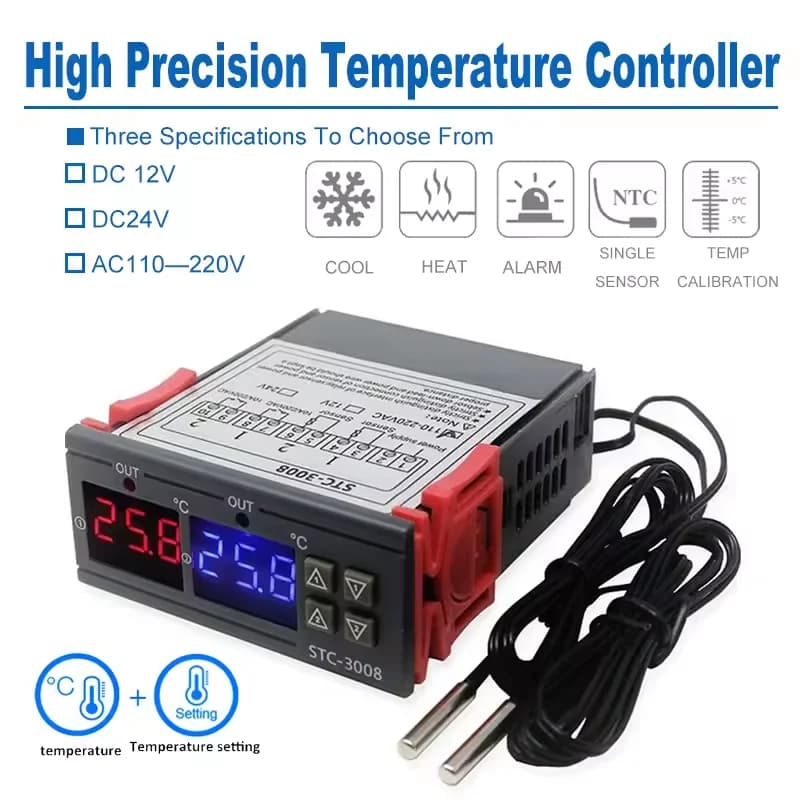 تحكم رقمي مزدوج في درجة الحرارة STC-3008، مخرجين ريلاي، 12V/24V/220V، منظم حرارة، سخان/مبرد مع مسبار