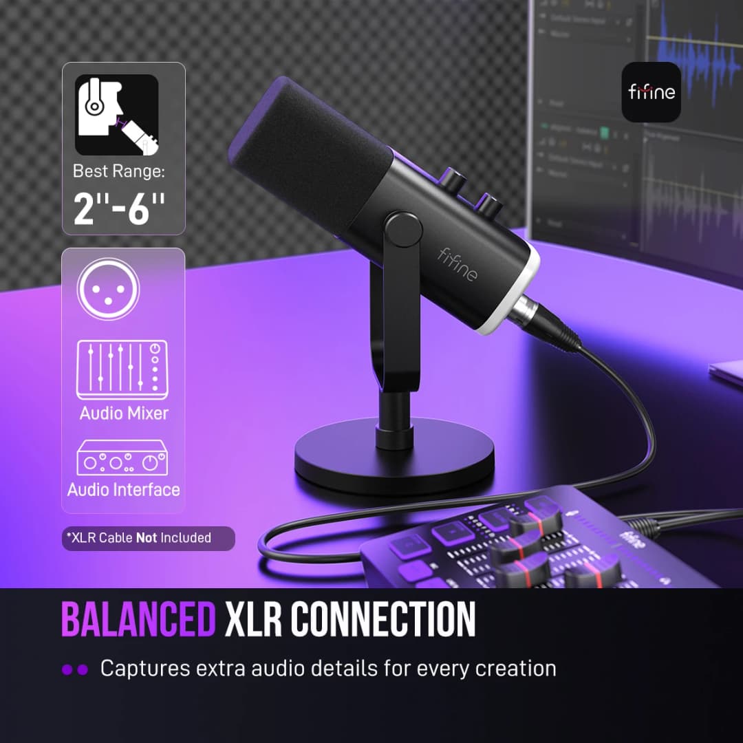 ميكروفون ديناميكي FIFINE USB/XLR مع تحكم RGB، مقبس سماعة رأس، كتم الصوت، لتسجيل ألعاب الكمبيوتر AmpliGame-AM8 - 2