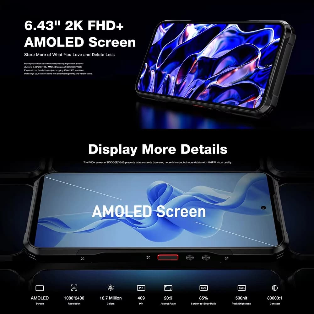 هاتف دوغي V20S متين 5G 12 جيجابايت 256 جيجابايت معالج دايمنسي 6020 ثماني النواة شاشة خلفية AMOLED 1.58 بوصة مع حامل - 5