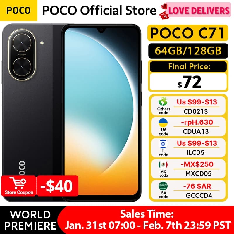 هاتف POCO C71 نسخة عالمية معالج UNISOC T7250 شاشة غامرة 6.88 بوصة كاميرا مزدوجة 32 ميجابكسل AI شحن 15 واط بطارية 5200 مللي أمبير