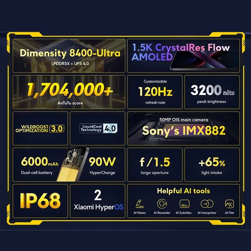 POCO X7 Pro نسخة عالمية هاتف ذكي معالج Dimensity 8400-Ultra شحن فائق 6000 مللي أمبير 90 واط NFC شاشة AMOLED 6.67 بوصة - 5