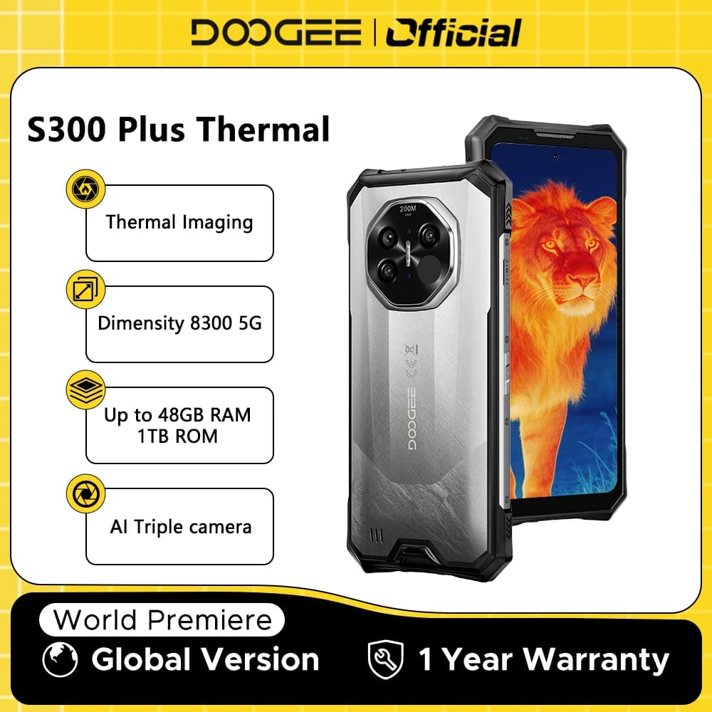 الإصدار العالمي من هاتف DOOGEE S300 Plus الحراري 5G المتين مع تصوير حراري وذاكرة 12 جيجابايت و1 تيرابايت وشاشة 6.78 بوصة وبطارية 11000 مللي أمبير ونظام أندرويد 16