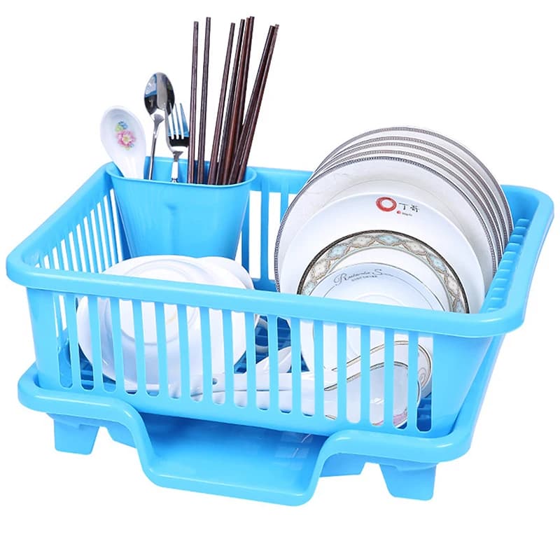 رف تصريف للمطبخ مع لوح تصريف أدوات طاولة أطباق عيدان أطباق أواني تخزين رف تجفيف الأطباق - 4