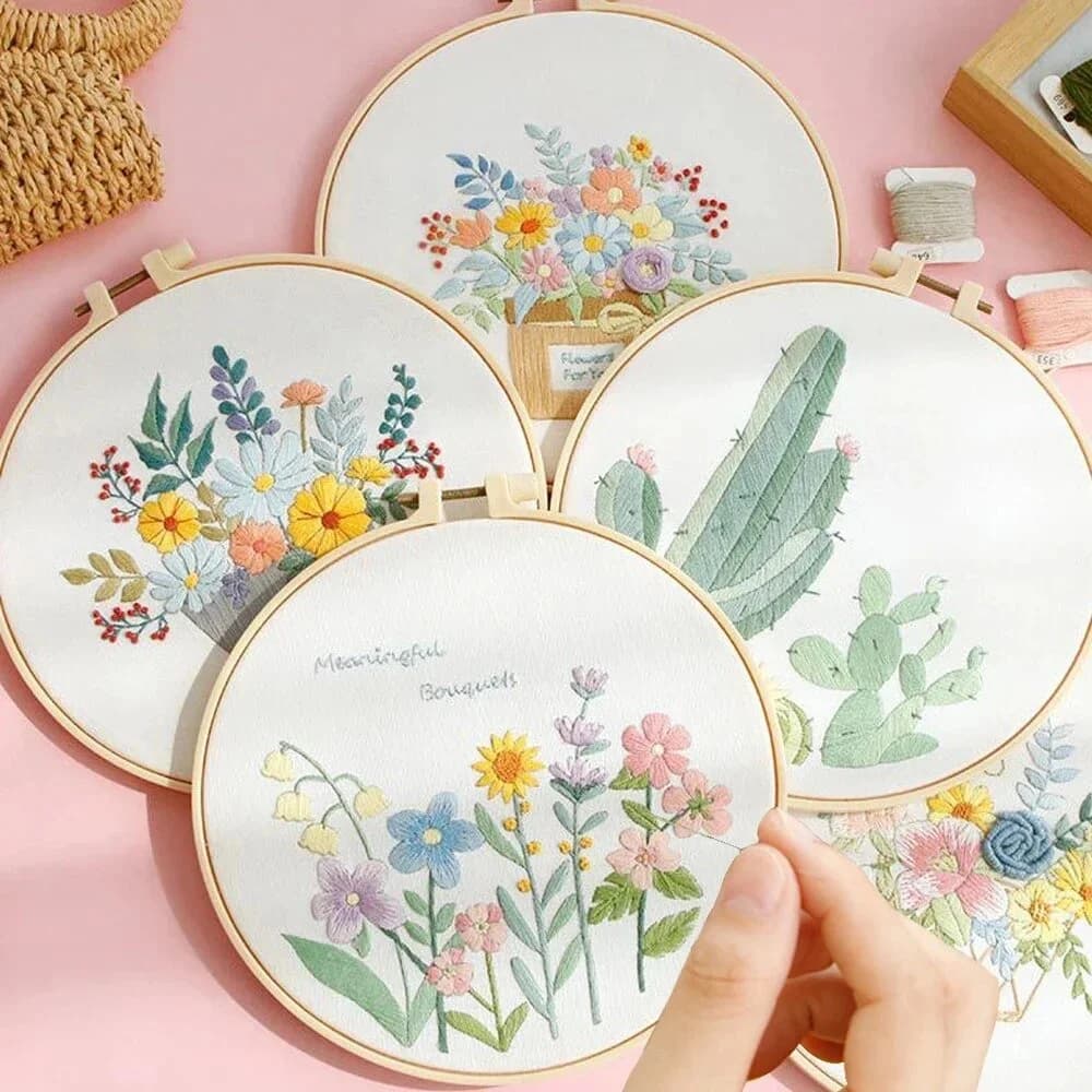 مجموعة تطريز يدوية DIY - نمط الزهور والصليب - عدة خياطة فنية للمبتدئين - ديكور منزلي وهدايا يدوية - 6