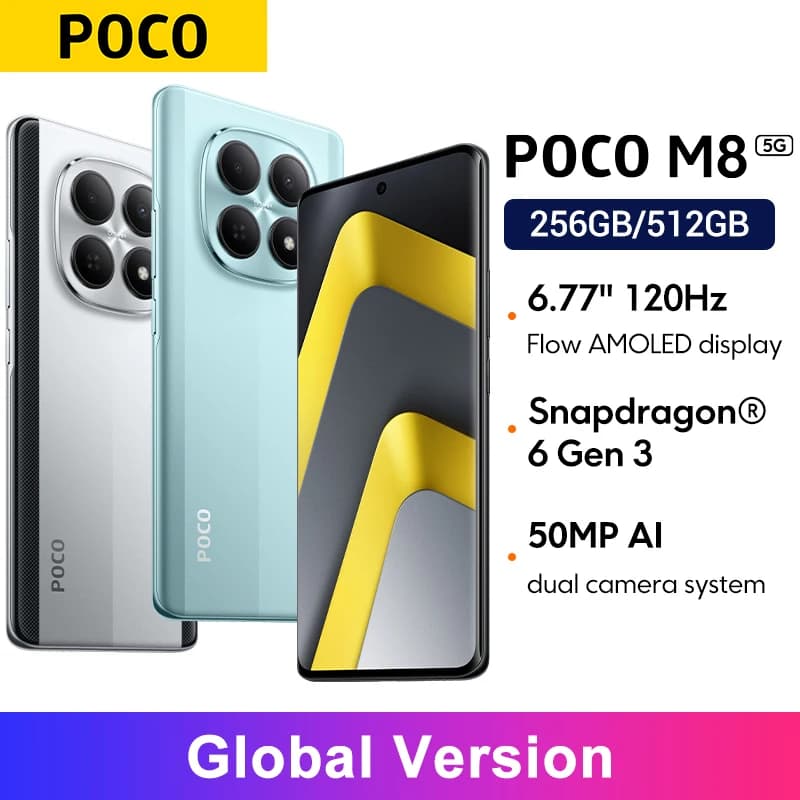 هاتف POCO M8 الإصدار العالمي، منصة Snapdragon® 6 Gen 3، بطارية 5520 مللي أمبير في الساعة (نموذجية)، كاميرا رئيسية 50 ميجابكسل، شاشة 6.77 بوصة