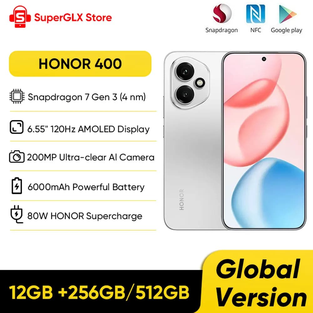 New HONOR 400 5G Smartphone Global Version Snapdragon 7 Gen 3 6.55" AMOLED Display 200MP Dual Camera 6000mAh 80W SuperCharge NFC