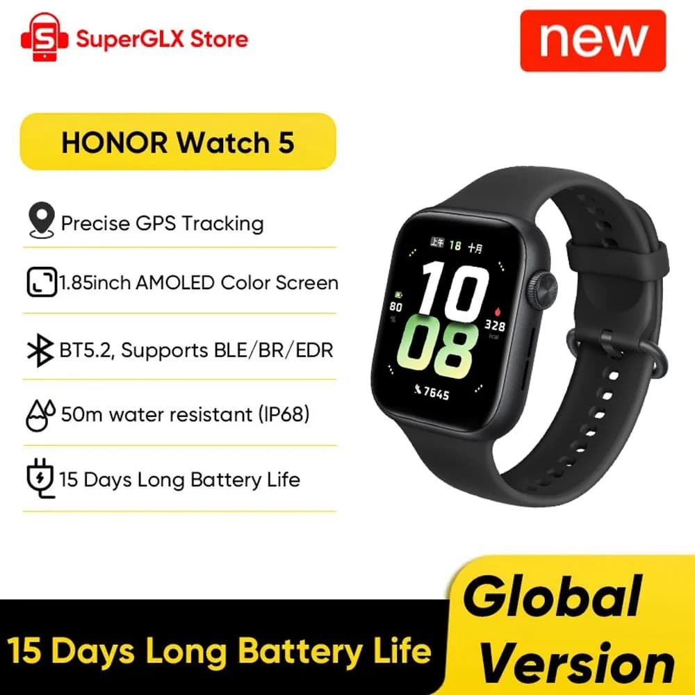 Global Version  HONOR Watch 5 Smartwatch 1.85'' AMOLED Color Screen 64MB RAM+4GB ROM 480mAh Battery Support Bluetooth 5ATM&IP68