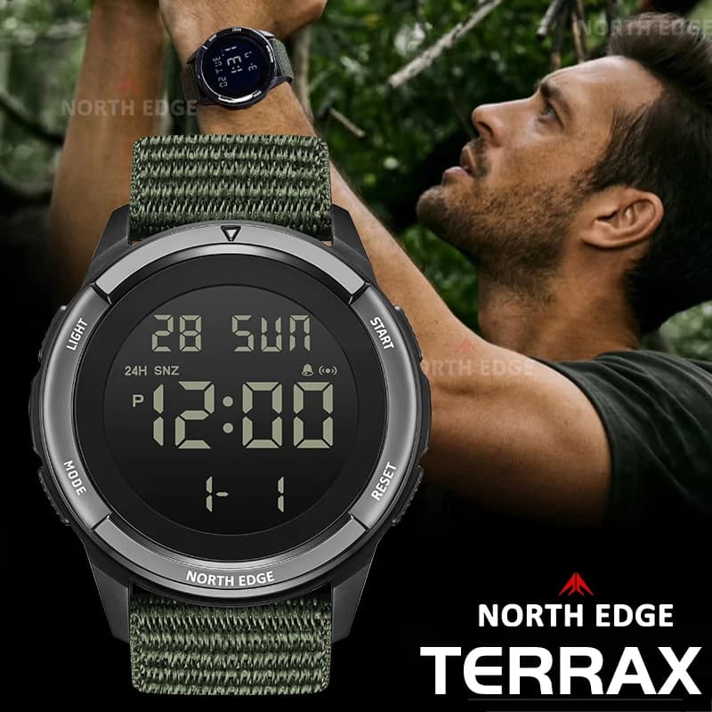ساعات عسكرية رقمية رياضية للرجال من NORTH EDGE 2025 TERRAX ساعة مضيئة مقاومة للماء حتى 50 متر للسباحة في الهواء الطلق